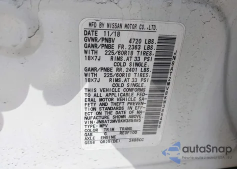 2019 Nissan Rogue Sv z USA, uszkodzony, nr VIN JN8AT2MV8KW385485